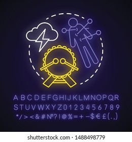 Curse neon light concept icon. Occultism and witchcraft idea. Glowing sign with alphabet, numbers and symbols. Voodoo doll with needles, drum and storm cloud vector isolated illustration