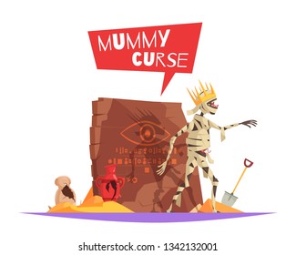 Curse of pharaohs evil character causing bad luck funny cartoon composition with disturbed mummy walking vector illustration