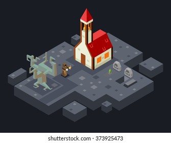 Cursed Church Ghost Monk Evil Tree Grave Flat Design Isometric Vector Illustration