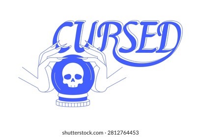 Cursed monochromatic blue reaction word. Crystal ball with skull and eerie hands. Spooky vibe. Bad omen. Dark magic. Haunted fantasy. Internet gen z slang text. Flat 2D illustration isolated