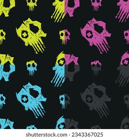 Cursed skull seamless pattern 4 variations, vivid colors. Suitable for fashion industry, branding, halloween background.