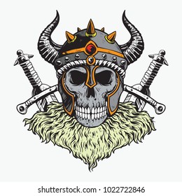 cursed viking skull and two swords hand drawing colored sketch colored