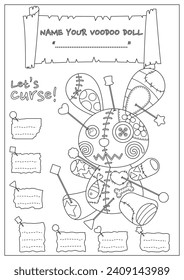 The cursed voodoo doll coloring page. Coloring book for kid and adult. Color, name, and write some curses your voodoo doll.
