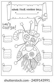 The cursed voodoo doll coloring page. Coloring book for kid and adult. Color, name, and write some curses your voodoo doll.
