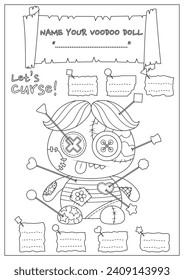 The cursed voodoo doll coloring page. Coloring book for kid and adult. Color, name, and write some curses your voodoo doll.
