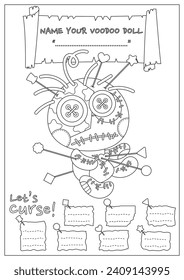 The cursed voodoo doll coloring page. Coloring book for kid and adult. Color, name, and write some curses your voodoo doll.