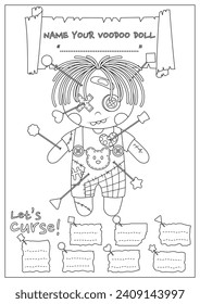 The cursed voodoo doll coloring page. Coloring book for kid and adult. Color, name, and write some curses your voodoo doll.
