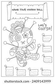 The cursed voodoo doll coloring page. Coloring book for kid and adult. Color, name, and write some curses your voodoo doll.
