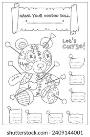 The cursed voodoo doll coloring page. Coloring book for kid and adult. Color, name, and write some curses your voodoo doll.
