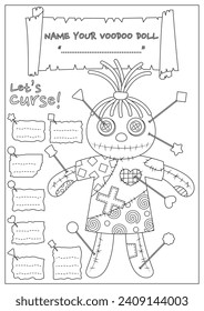 The cursed voodoo doll coloring page. Coloring book for kid and adult. Color, name, and write some curses your voodoo doll.
