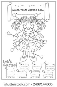 The cursed voodoo doll coloring page. Coloring book for kid and adult. Color, name, and write some curses your voodoo doll.
