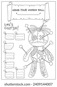 The cursed voodoo doll coloring page. Coloring book for kid and adult. Color, name, and write some curses your voodoo doll.
