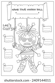 The cursed voodoo doll coloring page. Coloring book for kid and adult. Color, name, and write some curses your voodoo doll.
