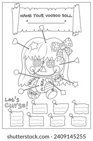 The cursed voodoo doll coloring page. Coloring book for kid and adult. Color, name, and write some curses your voodoo doll.
