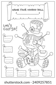 The cursed voodoo doll coloring page. Coloring book for kid and adult. Color, name, and write some curses your voodoo doll.
