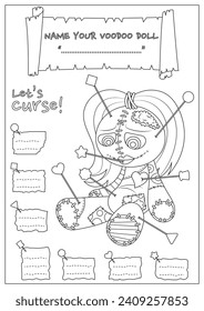 The cursed voodoo doll coloring page. Coloring book for kid and adult. Color, name, and write some curses your voodoo doll.
