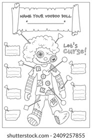 The cursed voodoo doll coloring page. Coloring book for kid and adult. Color, name, and write some curses your voodoo doll.
