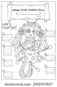 The cursed voodoo doll coloring page. Coloring book for kid and adult. Color, name, and write some curses your voodoo doll.
