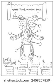 The cursed voodoo doll coloring page. Coloring book for kid and adult. Color, name, and write some curses your voodoo doll.
