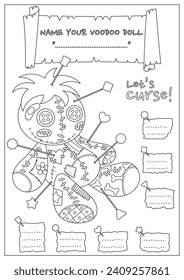 The cursed voodoo doll coloring page. Coloring book for kid and adult. Color, name, and write some curses your voodoo doll.
