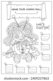 The cursed voodoo doll coloring page. Coloring book for kid and adult. Color, name, and write some curses your voodoo doll.
