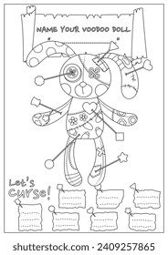 The cursed voodoo doll coloring page. Coloring book for kid and adult. Color, name, and write some curses your voodoo doll.
