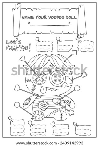 The cursed voodoo doll coloring page. Coloring book for kid and adult. Color, name, and write some curses your voodoo doll.
