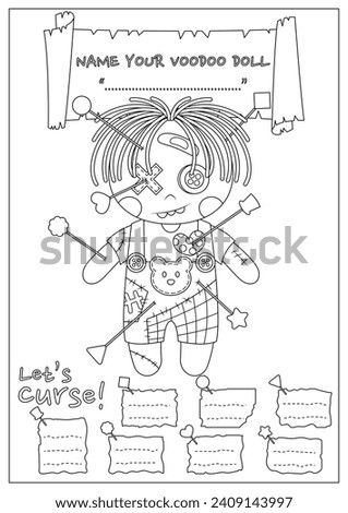 The cursed voodoo doll coloring page. Coloring book for kid and adult. Color, name, and write some curses your voodoo doll.
