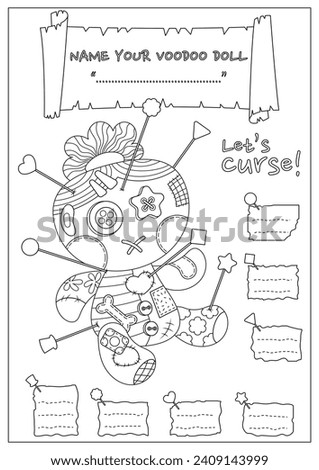 The cursed voodoo doll coloring page. Coloring book for kid and adult. Color, name, and write some curses your voodoo doll.
