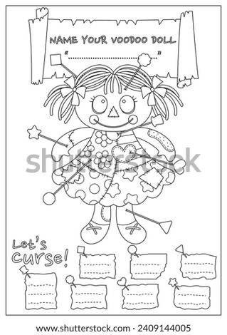 The cursed voodoo doll coloring page. Coloring book for kid and adult. Color, name, and write some curses your voodoo doll.
