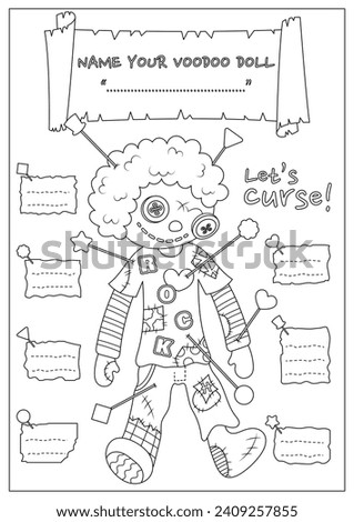 The cursed voodoo doll coloring page. Coloring book for kid and adult. Color, name, and write some curses your voodoo doll.
