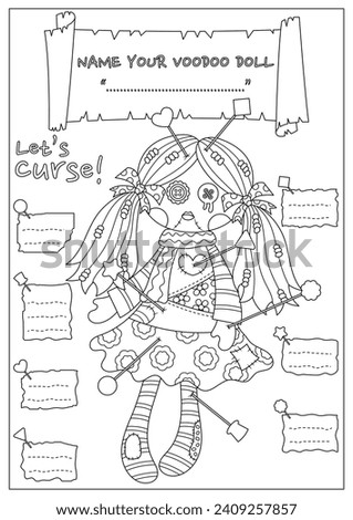 The cursed voodoo doll coloring page. Coloring book for kid and adult. Color, name, and write some curses your voodoo doll.
