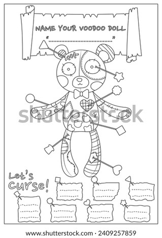 The cursed voodoo doll coloring page. Coloring book for kid and adult. Color, name, and write some curses your voodoo doll.
