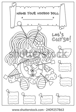The cursed voodoo doll coloring page. Coloring book for kid and adult. Color, name, and write some curses your voodoo doll.
