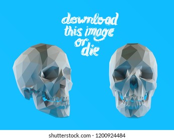 Cursed White Vector Low Poly Skull Set on Blue Polygonal 3D Rendering