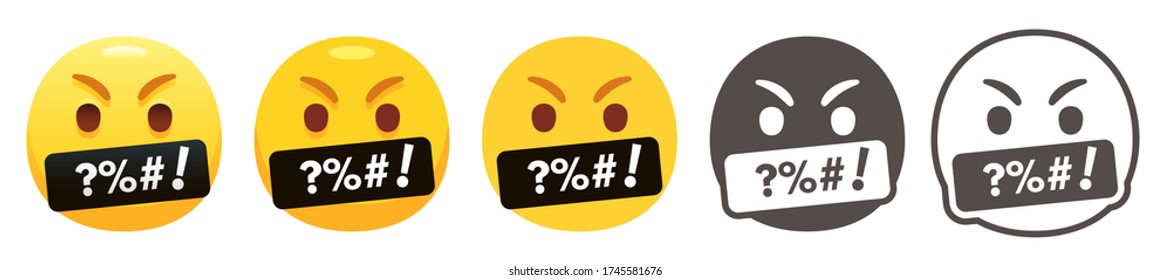 Cursing emoji. Angry yellow face with grawlixes symbols on mouth. Swearing or vulgar word on black bar. Rage emoticon flat vector icon set