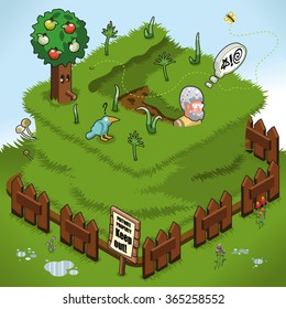 Cursing man stuck in high grass on private property surrounded by wooden fence (isometric illustration)