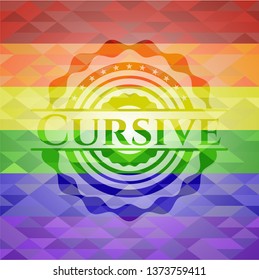 Cursive emblem on mosaic background with the colors of the LGBT flag