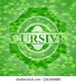 Cursive green emblem with mosaic ecological style background