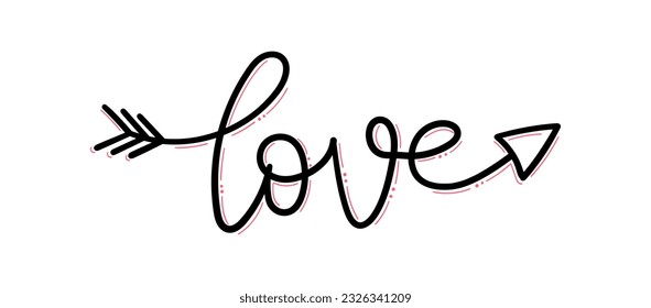 Cursive handwritten Love word arrow with pink adornments.