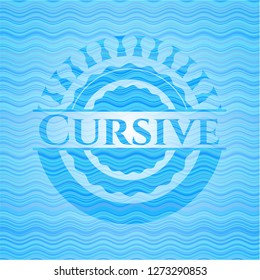 Cursive light blue water style badge.