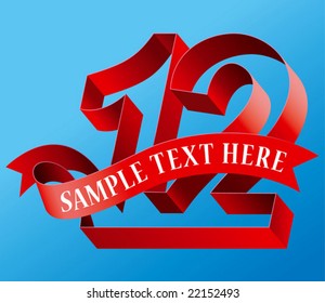 Cursive ribbon formed a bold number twelve with empty text area ready to use for twelfth anniversary celebration or calendar header for the month of December.