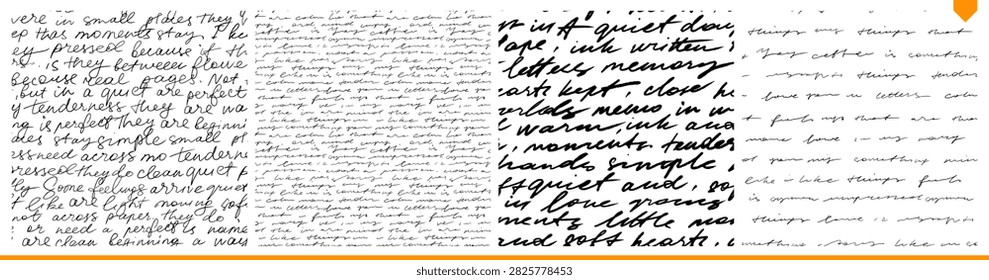 Cursive text seamless pattern collection. Hand drawn black and white illegible english fake poem or manuscript seamless patterns. Calligraphy handwriting letter, illegible poetry print, script paper.