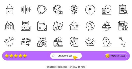 Cursor, 5g technology and Lock line icons for web app. Pack of Survey progress, Petrol station, Street light pictogram icons. Sound wave, Translate, Strategy signs. Lease contract. Search bar. Vector