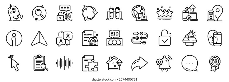 Cursor, 5g technology and Lock line icons pack. Share, Message, Paper plane icons. Survey progress, Petrol station, Street light web icon. Sound wave, Translate, Strategy pictogram. Vector