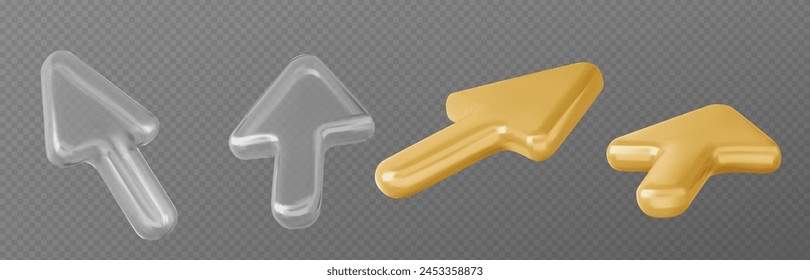 Cursor arrow 3d vector set. Realistic illustration collection of golden and white transparent mouse pointer in different angles of view. Computer action click button. Navigation and selection.