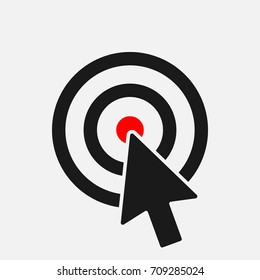 Cursor arrow in circle with red spot, pointer icon, vector illustration.