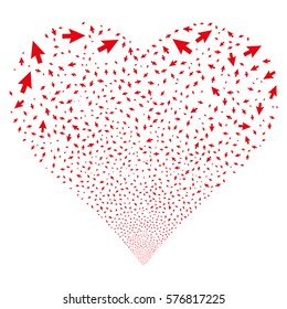 Cursor Arrow fireworks with heart shape. Vector illustration style is flat red iconic symbols on a white background. Object valentine heart done from scattered symbols.