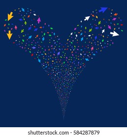 Cursor Arrow fireworks stream. Vector illustration style is flat bright multicolored iconic symbols on a blue background. Object double fountain combined from random pictographs.