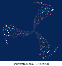 Cursor Arrow fireworks swirl rotation. Vector illustration style is flat bright multicolored iconic symbols on a blue background. Object whirl combined from random pictograms.